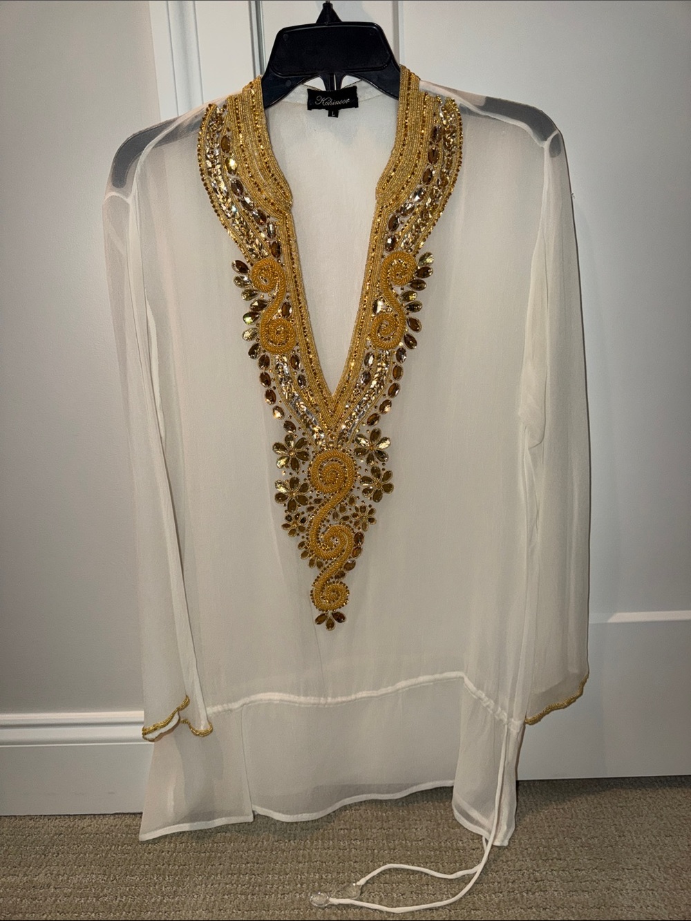 White Sheer Tunic Top with Gold Embellished V-Neck